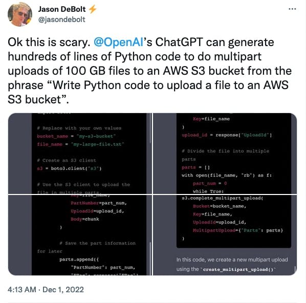 Tweet about ChatGPT creating Python code