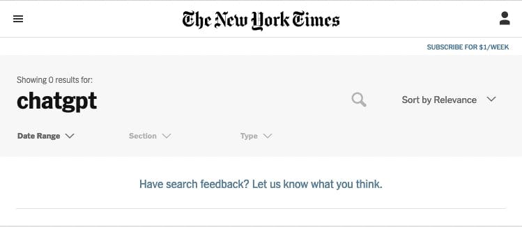 New York Times search returns no results for ChatGPT