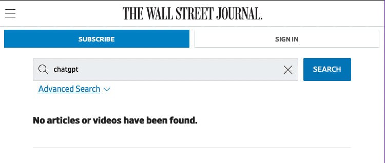 Wall Street Journal search returns no results for ChatGPT